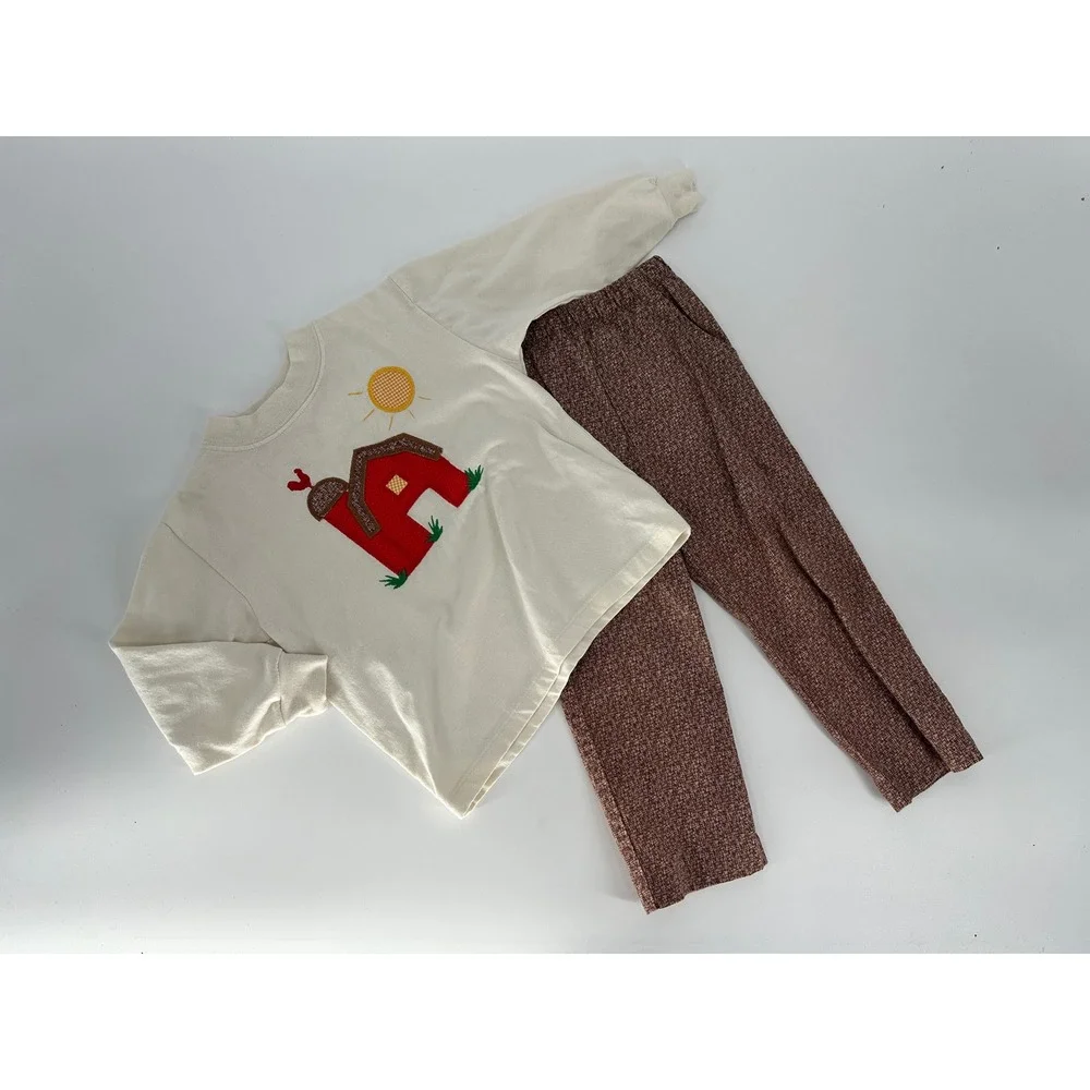 Vtg Bailey Boys‎ Kids 3T Cream Barn Rooster Sun Applique Top Pants Set
